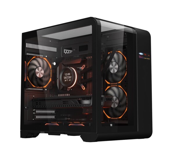 Carcasa 1stPLAYER® Gaming RT5-bk, afisaj digital, 3 ventilatoare aRGB infinity efect plus PWM, telecomanda, Micro-ATX, negru
