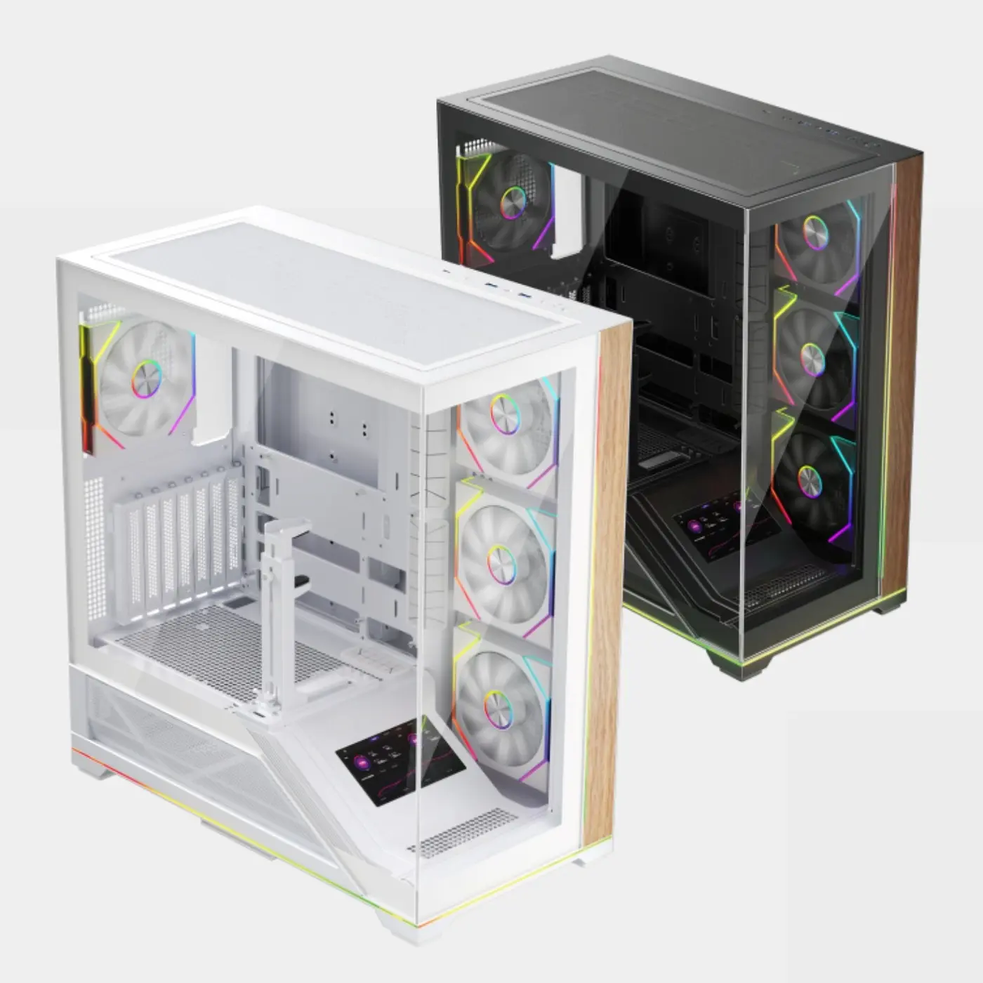 Carcasa 1stPLAYER® Gaming GE8-bk, ATX, display, suport VGA montaj vertical, 4 ventilatoare aRGB plus PWM, telecomanda, strip LED, negru - imagine 2