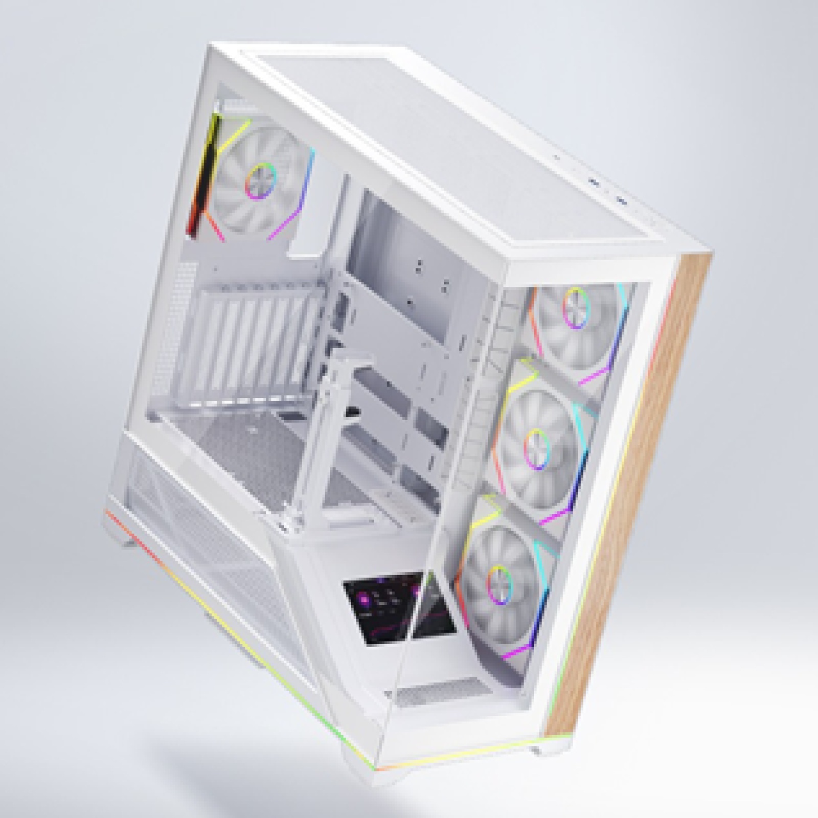 Carcasa 1stPLAYER® Gaming GE8-wh, ATX, display, suport VGA montaj vertical, 4 ventilatoare aRGB plus PWM, telecomanda, strip LED, alb