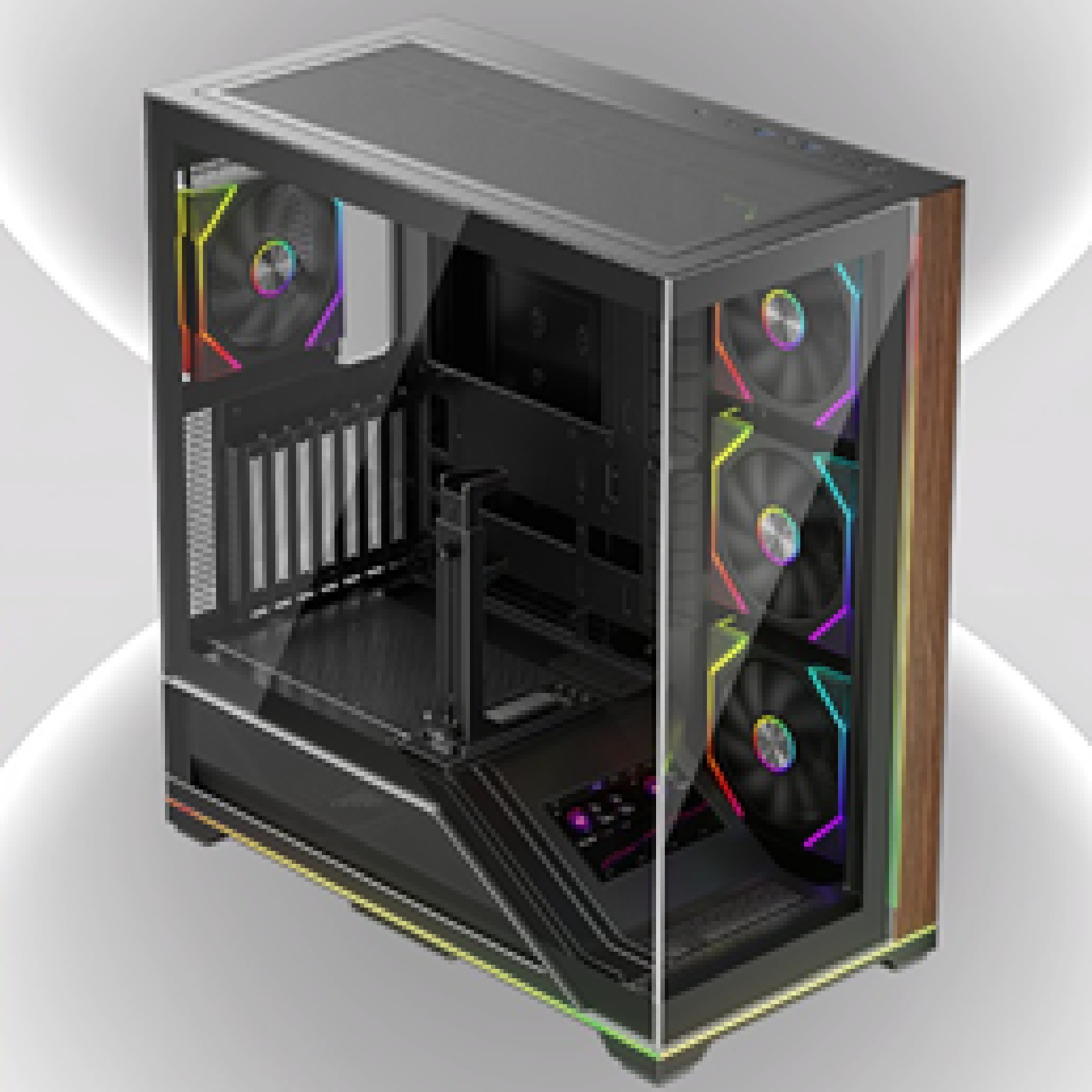 Carcasa 1stPLAYER® Gaming GE8-bk, ATX, display, suport VGA montaj vertical, 4 ventilatoare aRGB plus PWM, telecomanda, strip LED, negru