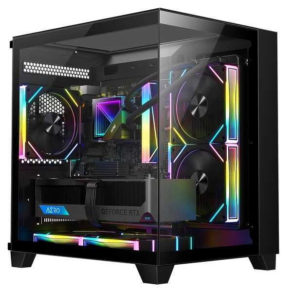 Carcasa 1stPLAYER® Gaming MV5-TP-bk, 5 ventilatoare aRGB infinity efect plus PWM, Micro-ATX, telecomanda, negru